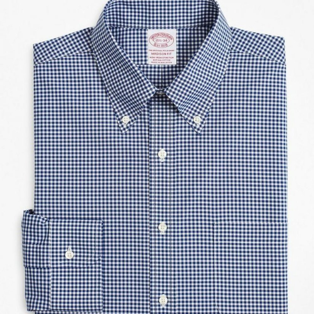 Brooks Brothers Stretch Madison Dress Shirt, Non-Iron, Navy Gingham, 17.5 x 35